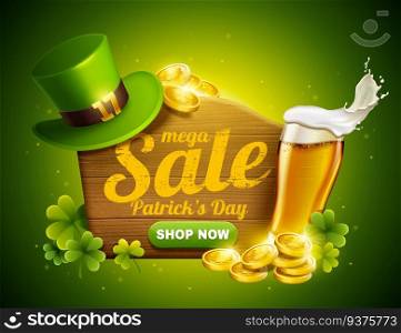 St. Patrick’s day sale popup ads with green leprechaun hat, golden coins and beer in 3d illustration. St. Patrick’s day sale popup ads