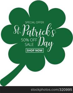 St. Patrick's Day special offer sale text badge with green clover leave background