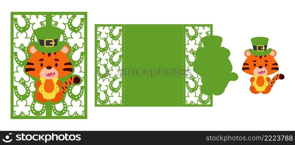 St. Patrick’s Day tiger laser cutting invitation card template. Paper cut out silhouette for plotter and silk screen printing. Vector stock illustration.