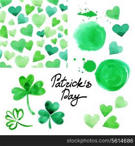 St. Patrick`s day watercolor illustration set. Collection of design elements isolated on white background. Vector illustration