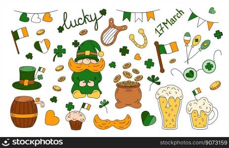 St Patrick vector set. Leprechaun hat, pot of gold, clover and flag, beer, balloons, mustache, dwarf. Hand drawn illustration for sticker, cover, postcards, print, social media, icon, scrapbooking.. St Patrick vector set. Leprechaun hat, pot of gold, clover and flag, beer, balloons, mustache, dwarf