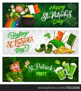 St. Patricks Day banners, cartoon vector leprechaun in green top hat riding down rainbow. Pot with gold coins, shamrocks, bagpipe and ale. Irish Saint Patrick day traditional festival, celtic party. St. Patrick Day cartoon banners with leprechaun
