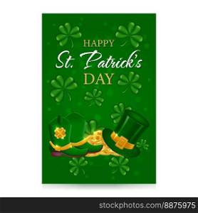 St. Patricks Day card with wealth. Gold coins, Leprechaun hat, Leprechaun shoes, shamrocks. St.Patricks Day background. Vector illustration.. St. Patricks Day card with wealth. 
