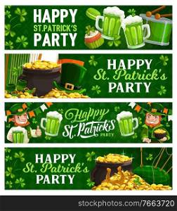 St. Patricks Day cartoon banners. Vector leprechaun in green top hat hold pot with gold coins and pint of Irish ale. Saint Patrick day traditional festival, celtic party cards with shamrock, bagpipe. St. Patricks Day cartoon banners with leprechaun
