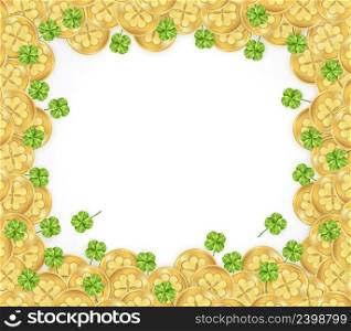 St patricks day frame with decorations from glossy golden coins and clover on white background vector illustration. St Patricks Day Coins Background