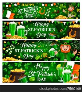 St Patricks Day green banners of Irish holiday clovers, leprechauns with pot gold. Vector shamrock leaves, lucky horseshoes and golden coins, green ale beer and drums of Patricks Day spring festival. Patricks Day Irish holiday green banners