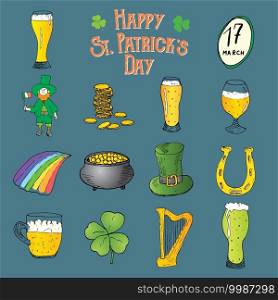 St Patricks Day hand drawn doodle icons set, with leprechaun, pot of gold coins, rainbow, beer, four leef clover, horseshoe, celtic harp and flag of Ireland vector illustration. St Patricks Day hand drawn doodle icons set, with leprechaun, pot of gold coins, rainbow, beer, four leef clover, horseshoe, celtic harp and flag of Ireland vector illustration.