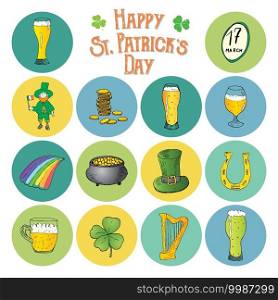 St Patricks Day hand drawn doodle icons set, with leprechaun, pot of gold coins, rainbow, beer, four leaf clover, horseshoe, celtic harp and flag of Ireland vector illustration isolated on white. St Patricks Day hand drawn doodle icons set, with leprechaun, pot of gold coins, rainbow, beer, four leaf clover, horseshoe, celtic harp and flag of Ireland vector illustration isolated on white.