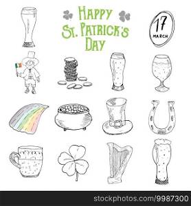 St Patricks Day hand drawn doodle icons set, with leprechaun, pot of gold coins, rainbow, beer, four leaf clover, horseshoe, celtic harp and flag of Ireland vector illustration isolated on white. St Patricks Day hand drawn doodle icons set, with leprechaun, pot of gold coins, rainbow, beer, four leaf clover, horseshoe, celtic harp and flag of Ireland vector illustration isolated on white.
