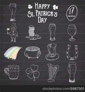 St Patricks Day hand drawn doodle icons set, with leprechaun, pot of gold coins, rainbow, beer, four leef clover, horseshoe, celtic harp and flag of Ireland vector illustration on chalkboard.. St Patricks Day hand drawn doodle icons set, with leprechaun, pot of gold coins, rainbow, beer, four leef clover, horseshoe, celtic harp and flag of Ireland vector illustration on chalkboard