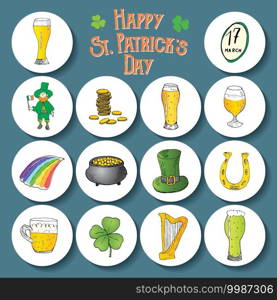 St Patricks Day hand drawn doodle icons set, with leprechaun, pot of gold coins, rainbow, beer, four leef clover, horseshoe, celtic harp and flag of Ireland vector illustration. St Patricks Day hand drawn doodle icons set, with leprechaun, pot of gold coins, rainbow, beer, four leef clover, horseshoe, celtic harp and flag of Ireland vector illustration.