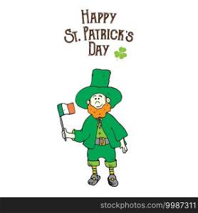 St Patricks Day hand drawn doodle leprechaun in a hat and a flag of Ireland in hand, vector illustration isolated on white.. St Patricks Day hand drawn doodle leprechaun in a hat and a flag of Ireland in hand, vector illustration isolated on white