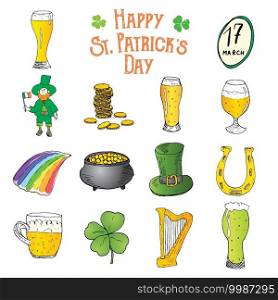 St Patricks Day hand drawn doodle set, with leprechaun, pot of gold coins, rainbow, beer, four leaf clover, horseshoe, celtic harp and flag of Ireland vector illustration isolated on white.. St Patricks Day hand drawn doodle icons set, with leprechaun, pot of gold coins, rainbow, beer, four leaf clover, horseshoe, celtic harp and flag of Ireland vector illustration isolated on white