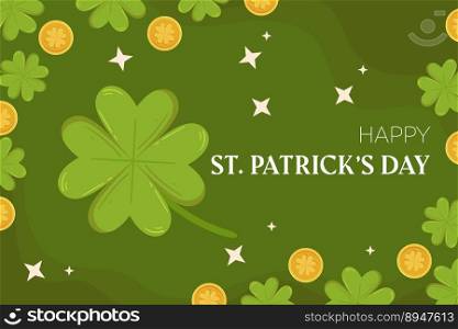 St.Patricks Day holiday background design with green four-leaf clover or shamrock and gold coins. Concept for backdrop. St.Patricks Day holiday background design with green four-leaf clover or shamrock and gold coins. Concept for backdrop.