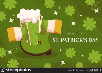 St.Patricks Day holiday background design with green leprechaun boot, Irish flag and glass with green beer. Concept with shamrock on the back.. St.Patricks Day holiday background design with green leprechaun boot, Irish flag and glass with green beer. Concept with shamrock on the back