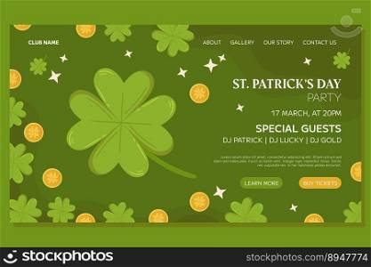 St.Patricks Day holiday Landing page template event design. Green four-leaf clover or shamrock and gold coins. Web page with party invitation for club and pub. St.Patricks Day holiday Landing page template event design. Green four-leaf clover or shamrock and gold coins. Web page with party invitation for club and pub.