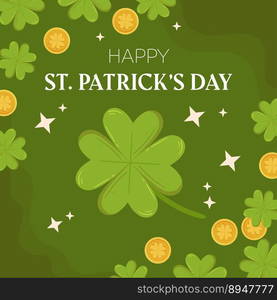 St.Patricks Day holiday square template design with green four-leaf clover or shamrock and gold coins. Concept for square social media post.. St.Patricks Day holiday square template design with green four-leaf clover or shamrock and gold coins. Concept for square social media post