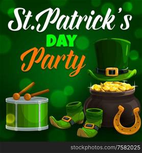 St. Patricks day holiday symbols and lettering. Vector drum and drumsticks, golden lucky horseshoe, leprechauns hat, pot of golden coins. Midget boots or shoes and headgear with plaque on green. Irish St. Patricks holiday symbols and lettering
