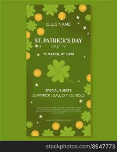 St.Patricks Day holiday vertical party banner template design. Green four-leaf clover or shamrock and gold coins. Event invitation for club and pub. St.Patricks Day holiday vertical party banner template design. Green four-leaf clover or shamrock and gold coins. Event invitation for club and pub.