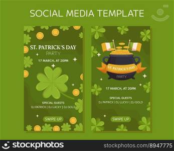 St.Patricks Day holiday vertical social media stories template design. Green four-leaf clover or shamrock, cauldron or pot with gold coins, and Irish flag. Party invitation for club and pub. St.Patricks Day holiday vertical social media stories template design. Green four-leaf clover or shamrock, cauldron or pot with gold coins, and Irish flag. Party invitation for club and pub.