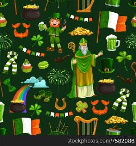 St. Patricks day Irish holiday seamless pattern. Vector Saint Patrick with stick, rainbow, pot with treasures, leprechaun smoking pipe and drinking beer. Symbols of Ireland background, lucky horseshoe. Saint Patricks day holiday signs, seamless pattern