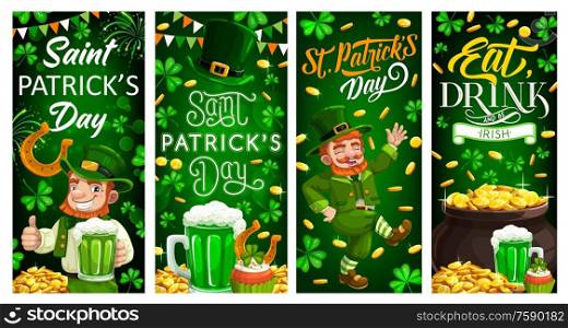 St Patricks Day leprechaun gold and clover leaves. Irish holiday. Vector banners of Irishman, Patricks Day hat, green ale beer and shamrocks, treasure pot with golden coins, horseshoe, firework. Patricks Day holiday leprechaun banners