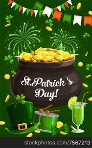 St. Patricks day lettering and pot full of golden coins. Vector Irish national holiday symbols, fireworks and rain of money, leprechauns hat. Drum with drumsticks, garlands in color of Irish flag. Ireland Patricks Day, fest fireworks, shamrock