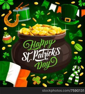 St Patricks Day pot with gold, Irish religion holiday vector design. Green leaves of clover or shamrock, leprechaun treasure cauldron, horseshoe and lucky coins, Ireland flag and St Patricks Day drum. Patricks Day Irish holiday pot with gold