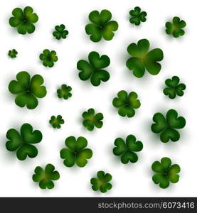 St Patricks day vector background, green clovers on white