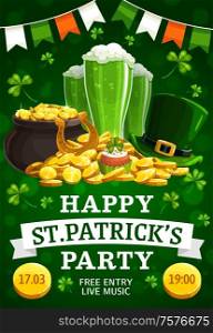 St. Patricks day vector leprechaun hat, beer glasses and pot of gold festive treasures. Golden horseshoe, coins and cupcake, garland in colors of Irish flag. Ireland holiday. Invitation on St. Patricks feast, holiday