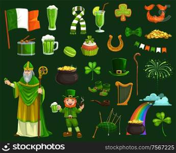 St Patricks Day vector symbols, Irish leprechaun and pot with gold coins, shamrock or clover leaves, green beer and lucky horseshoe, hat, boots, orange beard and rainbow. Ireland holiday. Saint Patrick, Irish shamrock, leprechaun and gold