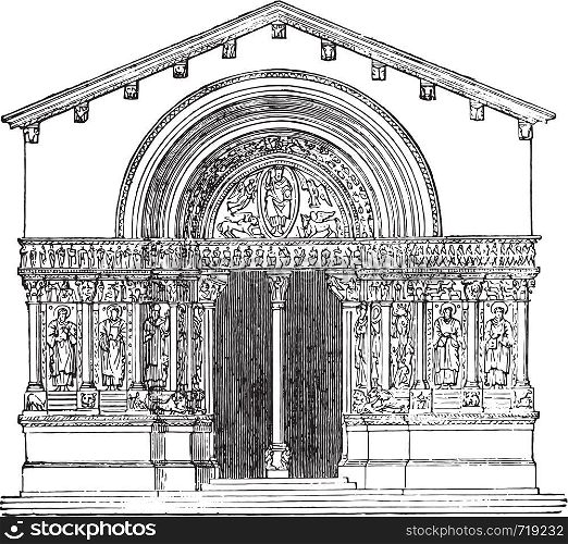 St. Trophime Church, Arles, vintage engraved illustration. Industrial encyclopedia E.-O. Lami - 1875.
