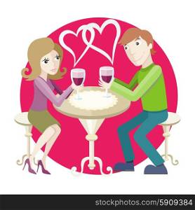 St Valentine concept. Young happy amorous couple with glasses of redwine on romantic date at restaurant.. Date at restaurant