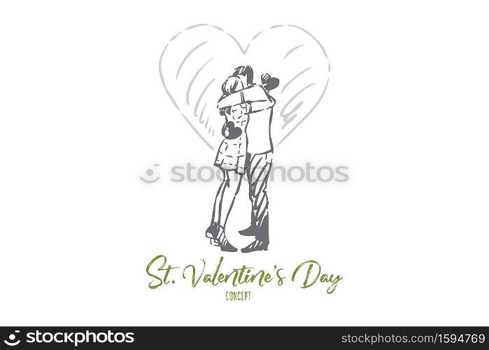 St valentine day concept sketch. Young couple in love, girlfriend and boyfriend hug and kiss, romantic holiday celebration, amorous relationship, feelings expression. Isolated vector illustration. St valentine day concept sketch. Isolated vector illustration