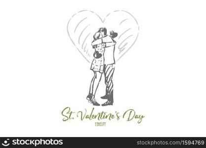St valentine day concept sketch. Young couple in love, girlfriend and boyfriend hug and kiss, romantic holiday celebration, amorous relationship, feelings expression. Isolated vector illustration. St valentine day concept sketch. Isolated vector illustration