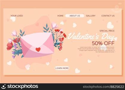 St. Valentine’s Day Landing page template design. Pink closed envelop, red and pink flowers green leaves on beige backdrop. Special Price concept online shopping. St. Valentine’s Day Landing page template design. Pink closed envelop, red and pink flowers green leaves on beige backdrop. Special Price concept online shopping.