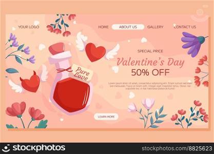 St. Valentine’s Day Landing page template design. Love potion bottle two heart with wings demon and angel, flower frame on beige back. Special Price concept online shopping. St. Valentine’s Day Landing page template design. Love potion bottle two heart with wings demon and angel, flower frame on beige back. Special Price concept online shopping.