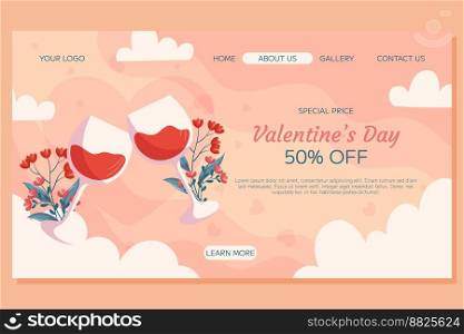 St. Valentine’s Day Landing page template design. Two glass of wine with flowers behind it on beige back white clounds. Special Price concept online shopping. St. Valentine’s Day Landing page template design. Two glass of wine with flowers behind it on beige back white clounds. Special Price concept online shopping.
