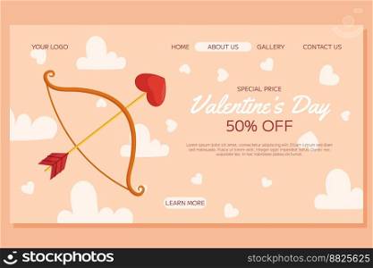 St. Valentine’s Day Landing page template design. Bow and arrow with a heart-shaped arrowhead, clouds and heart around on beige back. Special Price concept online shopping. St. Valentine’s Day Landing page template design. Bow and arrow with a heart-shaped arrowhead, clouds and heart around on beige back. Special Price concept online shopping.