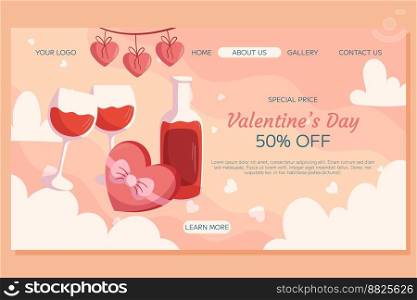 St. Valentine’s Day Landing page template design. Bottle and two glass of wine, box with chocolatte in heart shape with ribbon, hearts garland on top. Special Price concept online shopping. St. Valentine’s Day Landing page template design. Bottle and two glass of wine, box with chocolatte in heart shape with ribbon, hearts garland on top. Special Price concept online shopping.