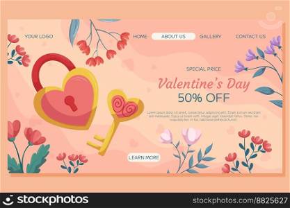 St. Valentine’s Day Landing page template design. Lock and key in heart shape, gold and pink color with floral frame on beige backdrop. Special Price concept online shopping. St. Valentine’s Day Landing page template design. Lock and key in heart shape, gold and pink color with floral frame on beige backdrop. Special Price concept online shopping.