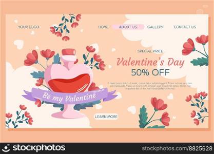 St. Valentine’s Day Landing page template design. Love potion bottle concept illustration with red flowers behind it with ribbon on beige backdrop. Special Price concept online shopping. St. Valentine’s Day Landing page template design. Love potion bottle concept illustration with red flowers behind it with ribbon on beige backdrop. Special Price concept online shopping.