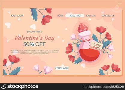 St. Valentine’s Day Landing page template design. Love potion bottle concept illustration with red and pink flowers behind it. Special Price concept online shopping with decorative clouds and hearts. St. Valentine’s Day Landing page template design. Love potion bottle concept illustration with red and pink flowers behind it. Special Price concept online shopping with decorative clouds and hearts.
