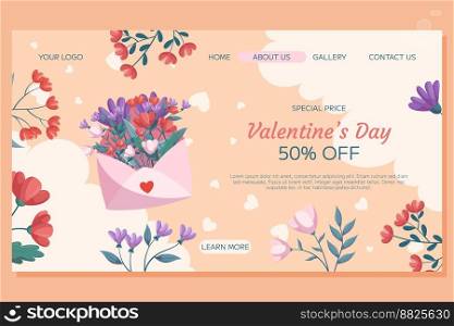 St. Valentine’s Day Landing page template design with pink open envelop red flowers green leaves beige backdrop floral frame. Special Price concept online shopping with decorative clouds and hearts. St. Valentine’s Day Landing page template design with pink open envelop red flowers green leaves beige backdrop floral frame. Special Price concept online shopping with decorative clouds and hearts.