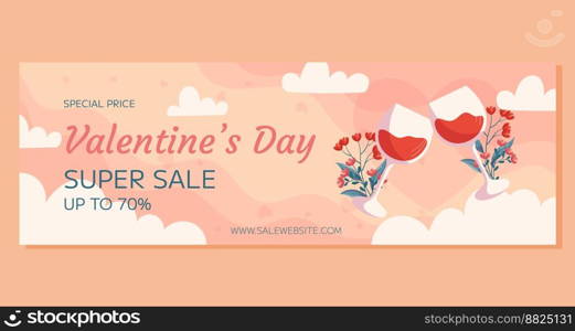 St. Valentines Day horizontal Super Sale banner template design. Two glass of wine with flowers behind it on beige back white clounds. Special Price online shopping. St. Valentines Day horizontal Super Sale banner template design. Two glass of wine with flowers behind it on beige back white clounds. Special Price online shopping.
