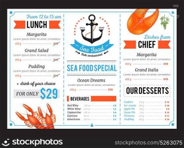 Sta Food Restaurant Menu Template Design . Classic sea food restaurant menu template with special chef dishes and daily budget lunch offer vector illustration