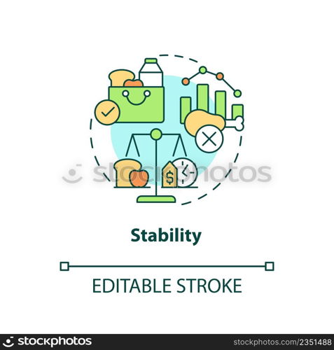 Stability concept icon. Constant availability. Food security basic definitions abstract idea thin line illustration. Isolated outline drawing. Editable stroke. Arial, Myriad Pro-Bold fonts used. Stability concept icon