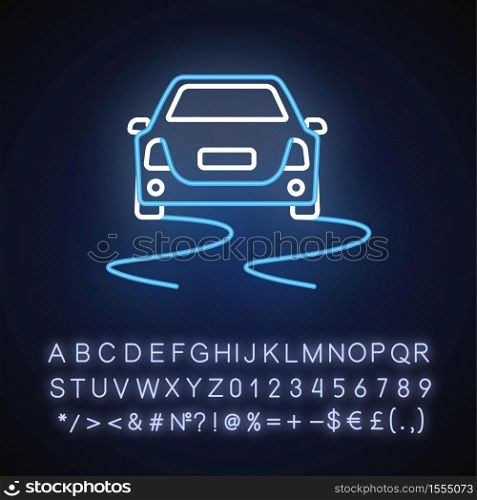 Stability control neon light icon. Car safety, dangerous road. Outer glowing effect. Sign with alphabet, numbers and symbols. Skidding auto on slippery surface vector isolated RGB color illustration. Stability control neon light icon