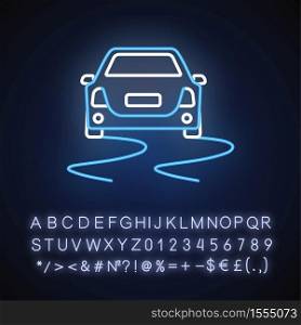 Stability control neon light icon. Car safety, dangerous road. Outer glowing effect. Sign with alphabet, numbers and symbols. Skidding auto on slippery surface vector isolated RGB color illustration. Stability control neon light icon