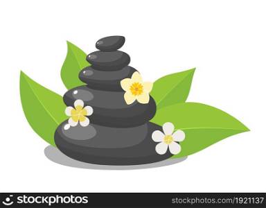 Stack black hot stones with leaves and flower, spa salon accessory. Stack basalt stones for hot stone massage in spa salon. Vector illustration in flat style. Stack of three black hot stones,